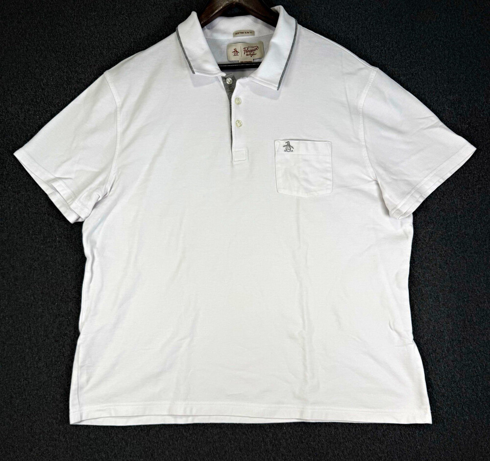 Original Penguin Heritage Slim Fit Mens XXL White Piqué Polo Pocket Embroidered
